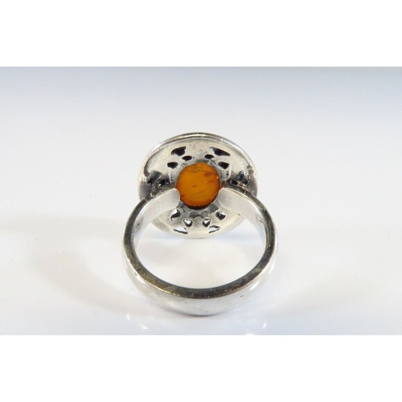 Pierced Silver & Orange Amber Cabochon Vintage Sterling Silver Ring Size 5.25 - Picture 5 of 7